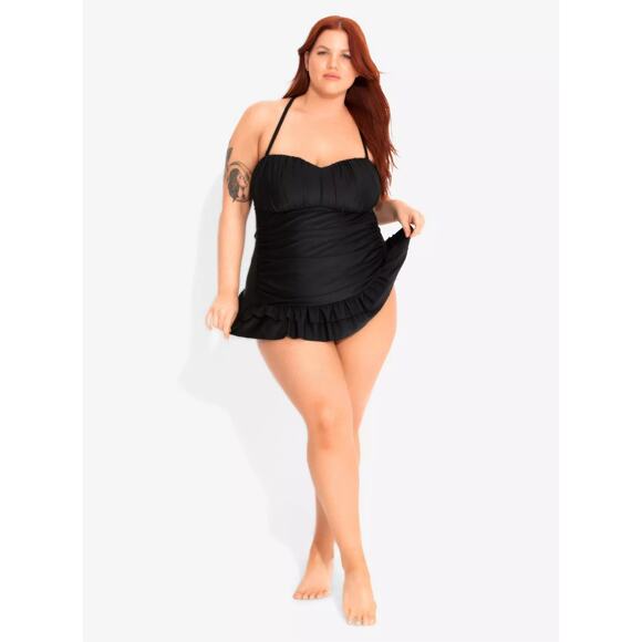 Hot Topic Black Ruffle Skirt One Piece Swimsuit 4X Pin Up Rockabilly‎ Whimsigoth - Picture 1 of 11